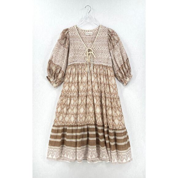 DAUGHTERS OF INDIA Jasmine Midi Dress Women Small White Brown Block Print Cotton - Picture 5 of 16